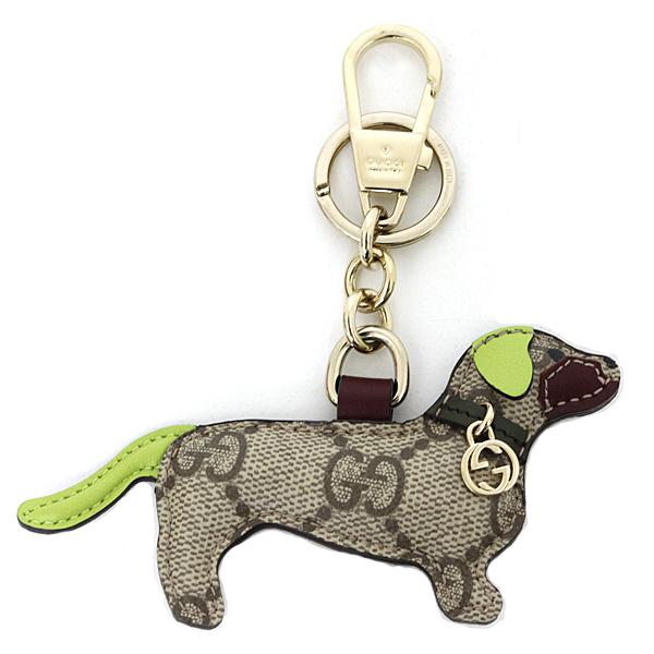 グッチ GUCCI ドッグ シェイプ バッグ チャーム キーホルダー 821812 ベージュ＆ダークブラウン グリーン GGパターン 【中古】Sランク