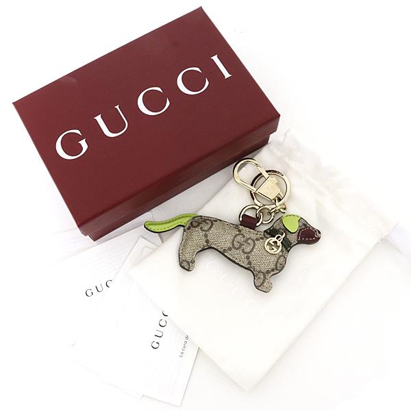 グッチ GUCCI ドッグ シェイプ バッグ チャーム キーホルダー 821812 ベージュ＆ダークブラウン グリーン GGパターン 【中古】Sランク_1