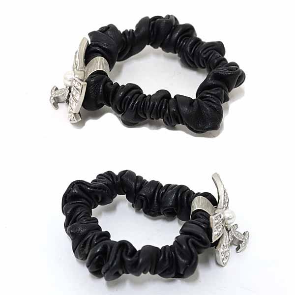 シャネル CHANEL シュシュ ヘアアクセサリー ココマーク リボン ラインストーン フェイクパール レザーメタル A22P 【中古】Aランク_4