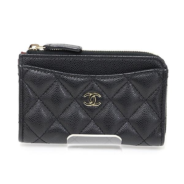 シャネル クラシック ジップ カードケース キャビアスキン ブラック フラグメントケース AP3179 ミニ財布【中古】