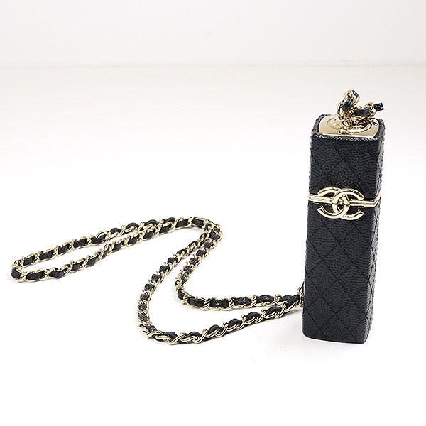 シャネル チェーンストラップ付き  リップスティックケース カーフ ブラック/ライトゴールド AP2192 マトラッセ【中古】