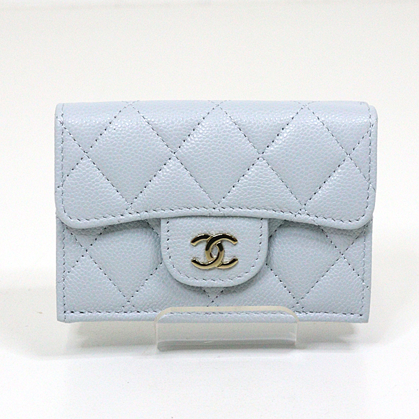 シャネル CHANEL 三つ折りウォレット キャビアスキン 三つ折り財布 ライトブルー系 ライトゴールド金具【中古】Sランクの通販は 84,095円