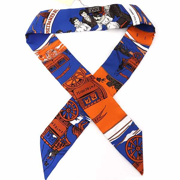 エルメス HERMES ツイリー Twilly 《オムニバス 白い貴婦人のゲーム》 スカーフ シルク 062416S-04 ブルー オレンジ ブラウン 【中古】S