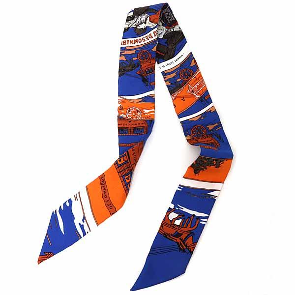 エルメス HERMES ツイリー Twilly 《オムニバス 白い貴婦人のゲーム》 スカーフ シルク 062416S-04 ブルー オレンジ ブラウン 【中古】S