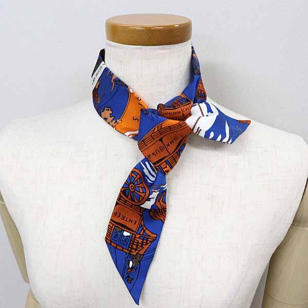 エルメス HERMES ツイリー Twilly 《オムニバス 白い貴婦人のゲーム》 スカーフ シルク 062416S-04 ブルー オレンジ ブラウン 【中古】S