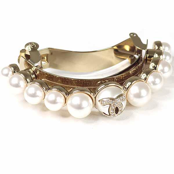 シャネル CHANEL ポニーバレッタ ヘアアクセサリー ココマーク ラインストーン フェイクパール I22S ゴールド金具 【中古】Aランク