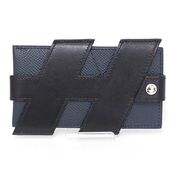HERMES エルメス カードケース Hタグ カーフ ヴォーエプソン ブラック ブルーインディゴ Z刻印 アッシュタグ【中古】