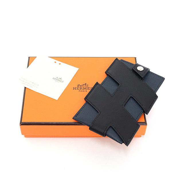 HERMES エルメス カードケース Hタグ カーフ ヴォーエプソン ブラック ブルーインディゴ Z刻印 アッシュタグ【中古】_5