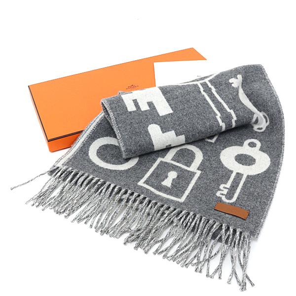 HERMRS エルメス カシミヤマフラー カザック・キーコレクション カシミヤ100％ グレー系 鍵 錠前 Sランク【中古】_5