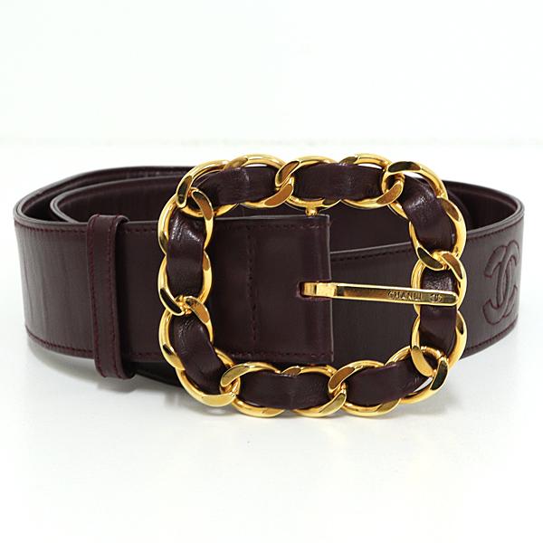 シャネル CHANEL チェーンバックル レザ−ベルト バーガンディー ラムスキン【中古】Aランク