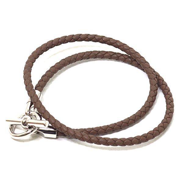 エルメス HERMES レザーブレスレット グレナン ドゥブルトゥール エトゥープ シルバー金具【中古】Sランク