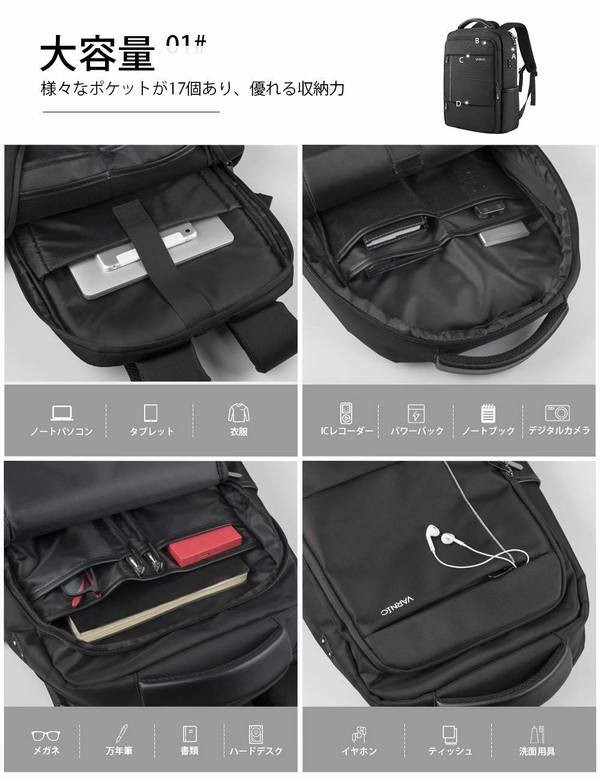 Varnic ビジネスリュック バックパック 大容量 15 6インチノートpc収納 Usbケーブル イヤホン穴付き ブラック の通販はau Pay マーケット 青い手商店