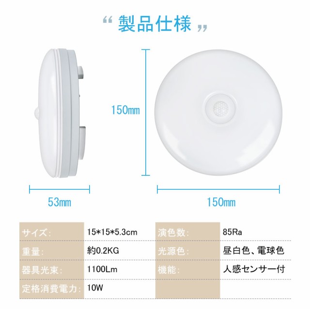 【色: 昼白色】LEDセンサー ライト 小型 人感センサー付 LEDシーリングラ