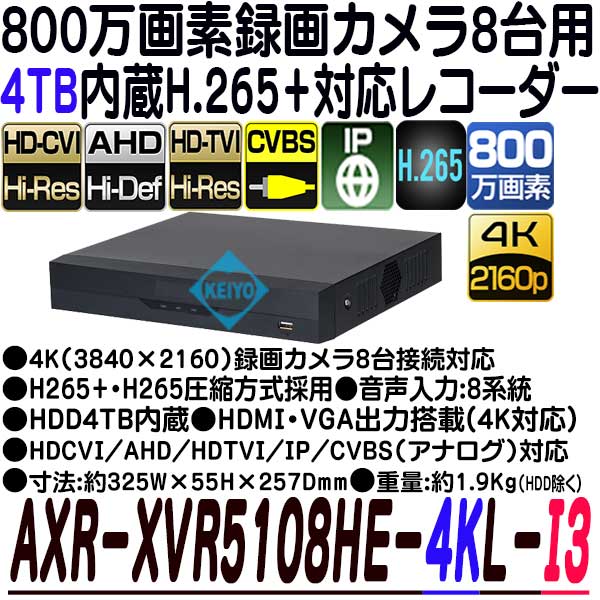 AXR-XVR5108HE-4KL-I3(4TB)【800万画素録画マルチフォーマット対応カメラ8台用4TB搭載レコーダ】 【防犯カメラ】【録画機】【送料無料】_1