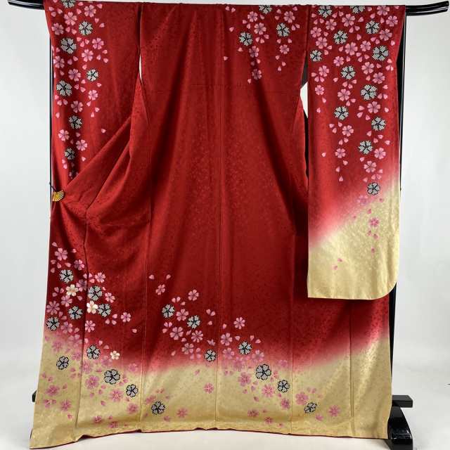 振袖 美品 秀品 桜 桜の花びら 刺繍 金彩 赤 袷 174cm 70cm L 正絹 