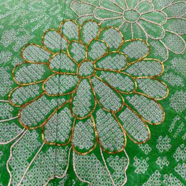 振袖 秀品 菊 草花 金糸 総絞り 緑 袷 身丈159cm 裄丈65cm M 正絹 中古 
