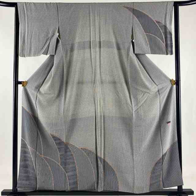訪問着 秀品 落款 格子 幾何学 黒灰 袷 身丈159cm 裄丈62.5cm S 正絹 