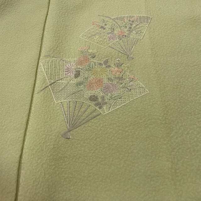 正規代理店経由 新品✨正絹着物 付下げ お抹茶色 汕頭刺繍 扇