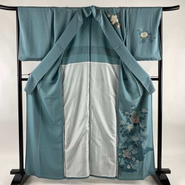 付下げ 美品 秀品 草花 金彩 青緑 単衣 身丈163.5cm 裄丈66cm M 正絹 