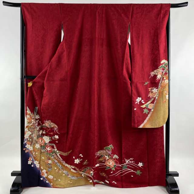 振袖 名品 御所車 束ね熨斗 金彩 染分け 赤 袷 身丈168cm 裄丈65cm M 