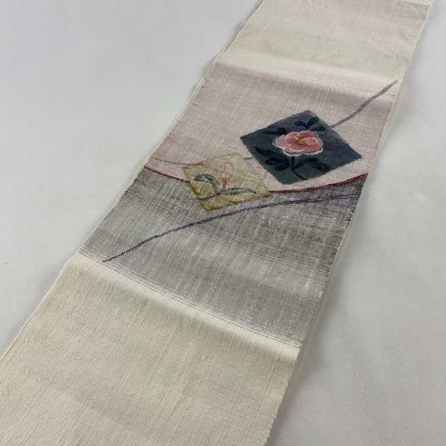 名古屋帯 逸品 証紙 渡文 松葉仕立て 八寸名古屋帯 草花 紬地 クリーム 正絹 中古
