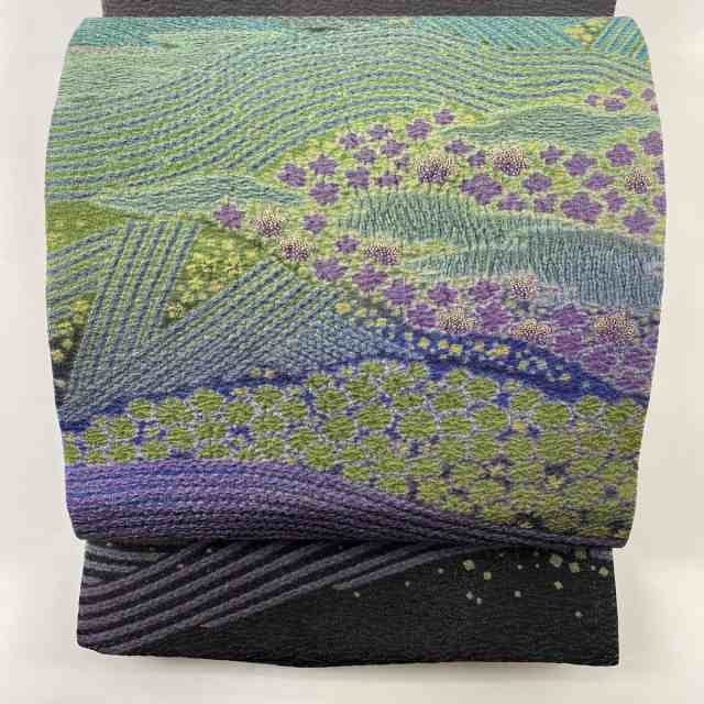 半額 袋帯 美品 逸品 落款 滝泰 花 波 金銀糸 相良刺繍 灰緑 お太鼓柄