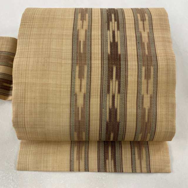 名古屋帯 美品 逸品 証紙 芭蕉布 夏紬 縞 幾何学 薄茶色 【】