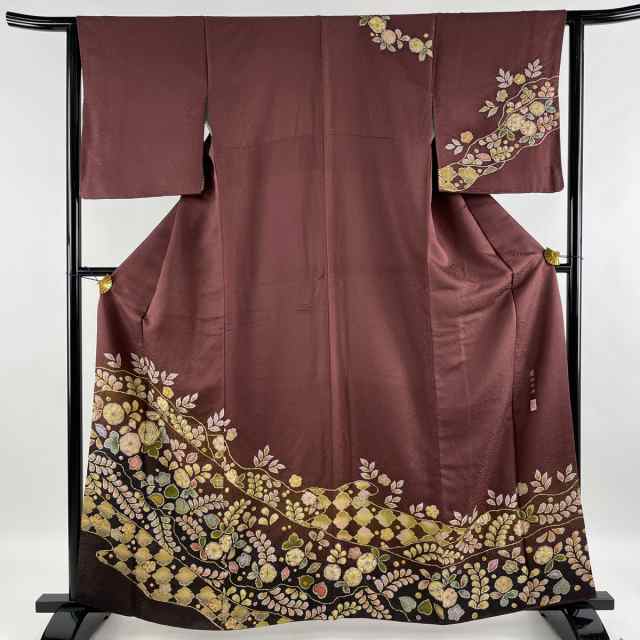 訪問着 逸品 落款 翠山工房 辻が花 金通し 金彩 茶紫 袷 身丈163cm 裄