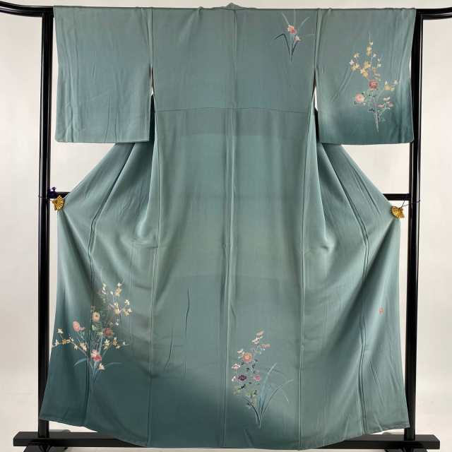 付下げ 秀品 落款 枝花 ぼかし 薄緑 袷 身丈158.5cm 裄丈63.5cm S 正絹