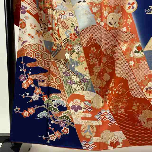 振袖 美品 秀品 袋帯フルセット 御所車 草花 金糸 金彩 青 袷 身丈