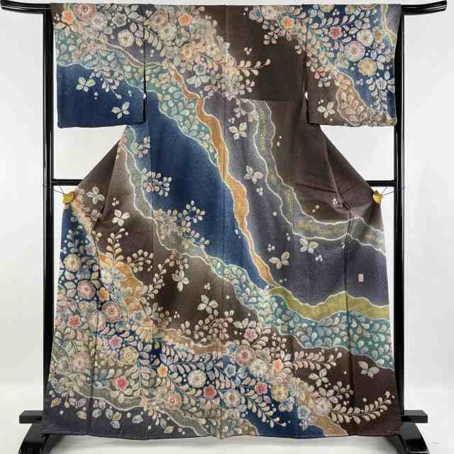 訪問着 美品 逸品 翠山工房 落款 辻が花 金通し 金彩 青 袷 身丈164cm