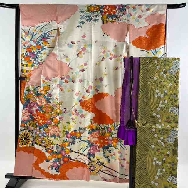 振袖 美品 秀品 袋帯フルセット 花車 雲文 金糸 金彩 白 袷 身丈160cm 