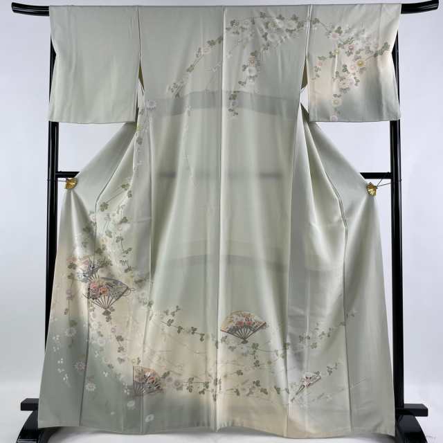 訪問着 美品 名品 扇 草花 金彩 ぼかし 薄緑 袷 身丈167cm 裄丈68cm L