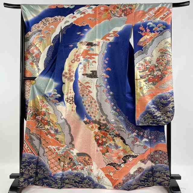 振袖 美品 名品 菊 鳥 金糸 金彩 青 袷 身丈168cm 裄丈67.5cm L 正絹