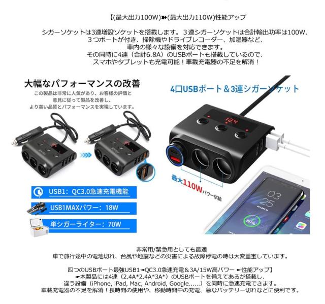 3連 シガーソケット Usb 4口 4usb スイッチ付き 110w 電圧計 分配器 増設 ソケット スマホ タブレット 充電 Sigasanの通販はau Pay マーケット Kurano Online
