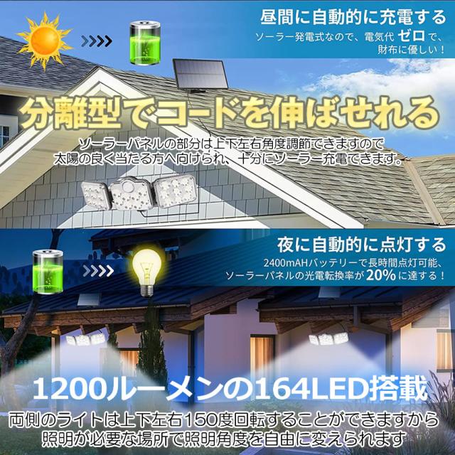 ソーラーライト ソーラーセンサーライト パネル 分離型 3灯式 リモコン 5Mコード 防犯ライト 防災ライト 壁掛け式 164LED 高輝度 屋外照の通販はau  PAY マーケット - KURANO-ONLINE