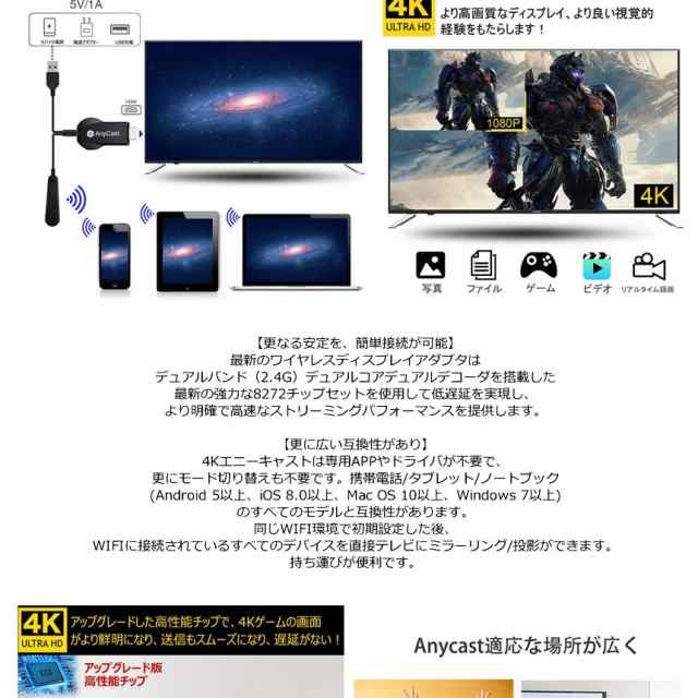 4K Anycast ドングルレシーバー モード切替え不要 簡単接続 大画面 4K高画質動画転送 ミラーキャストレシーバー ワイヤレス 無線 HDMIアの通販はau  PAY マーケット - KURANO-ONLINE