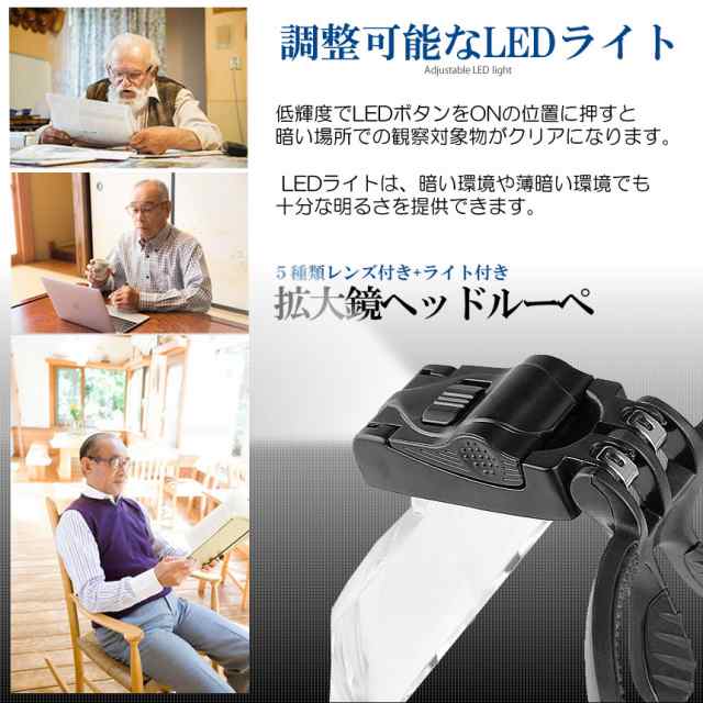 ルーペ LEDメガネ ヘッドルーペ 角度調節 LEDライト付き レンズ ゴムバンド 5倍 メガネ両用 1.5倍 2.5倍 3.5倍