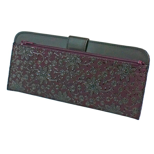 印伝 甲州印伝 印傳屋 上原勇七 財布 長財布 2107 クレマチス 紫地×黒漆 鹿革 本革 レザー 薄い スリム 花柄 ブランド 冬物 冬ギフト クリスマス 贈り物 YM01