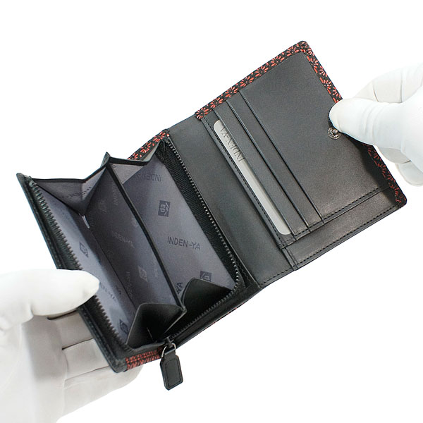 印伝 甲州印伝 印傳屋 上原勇七 財布 二つ折り財布 2205 菱菊 黒地×赤