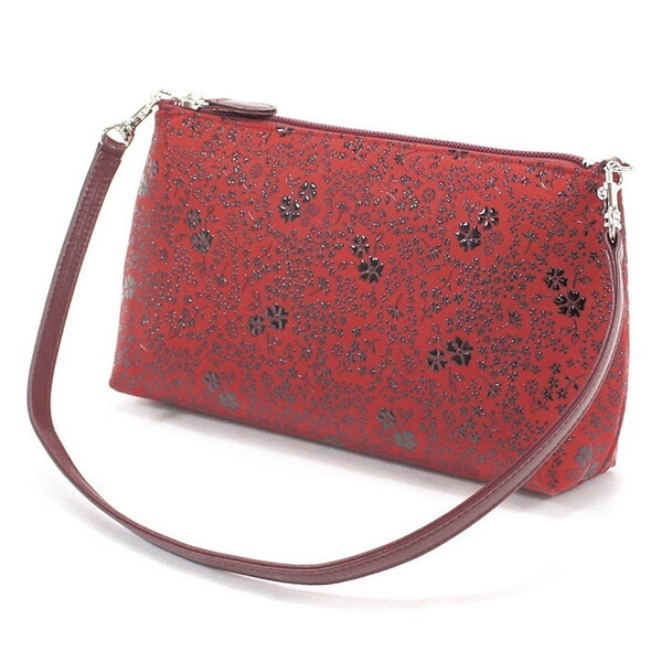 印伝 甲州印伝 印傳屋 上原勇七 化粧ポーチ 手提げ 4411 アメリカンブルー 赤地×黒漆 鹿革 本革 レザー 花柄 ブランド YM02の通販は