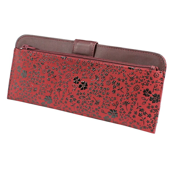 印伝 甲州印伝 印傳屋 上原勇七 財布 長財布 2107 アメリカンブルー 赤地×黒漆 鹿革 本革 レザー 薄い スリム 花柄 ブランド 冬物 冬ギフト クリスマス 贈り物 YM01