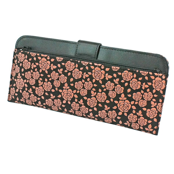 印伝 甲州印伝 印傳屋 上原勇七 財布 長財布 2107 ローズ小 黒地×ピンク漆 鹿革 本革 レザー 薄い スリム 花柄 ブランド 冬物 冬ギフト クリスマス 贈り物 YM01