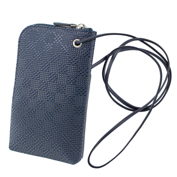 印伝 甲州印伝 印傳屋 上原勇七 スマホポシェット スマホケース 5027 変わり市松小 紺地×黒漆 鹿革 本革 レザー 和柄 敬老の日 YM01