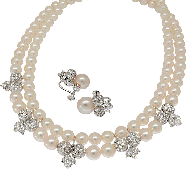 送料無料・返品可♪ミキモト アコヤ真珠約7.0〜9.7mm/パヴェダイヤ総計9.76ct 2連 ネックレス イヤリング セット K18WG A+♪【中古】