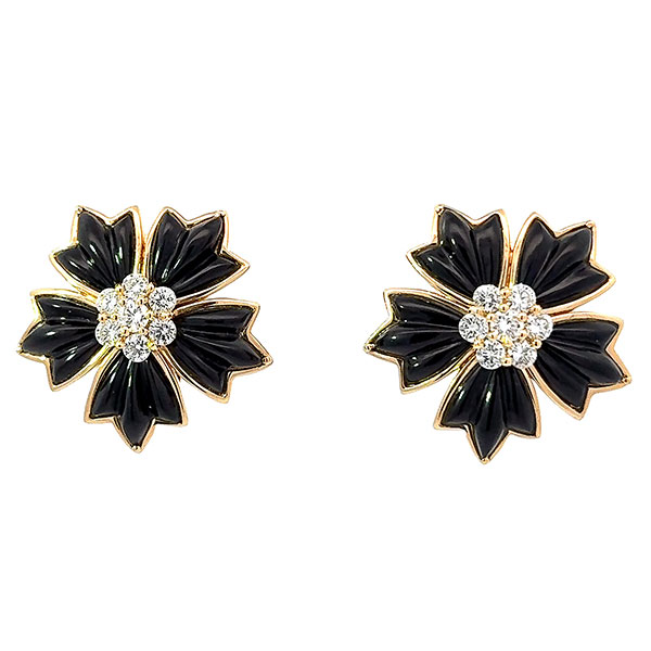 送料無料・返品可♪メーカー磨き済み♪ヴァンクリーフ&アーペル フラワーモチーフ オニキス ダイヤ ピアス K18YG A+♪【中古】の通販は