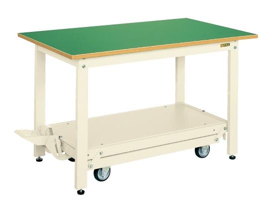【直送】【代引不可】サカエ(SAKAE) 軽量作業台KK・ペダル昇降移動式 4輪 1200X750X740 本体アイボリー サカエリューム天板グリーン KK-127FIGの通販は 84,961円