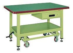 【直送】【代引不可】サカエ(SAKAE) 超重量作業台KWC・ハンドル昇降移動式 引出し1段付 1200X800X740 本体グリーン サカエリューム天板グリーン KWCF-12Aの通販は