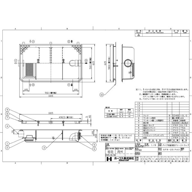 【】ﾎｰｺｽ GFR-25PAU + 鋼板製蓋 無荷重 T-0 (別枠式) : FRPｸﾞﾘｽﾄﾗｯﾌﾟ ﾊﾟｲﾌﾟ流入式 埋設超浅 + 鋼板製蓋T-0耐無 別W ∴HORKOS･ｸﾞﾘｰｽﾄﾗｯﾌﾟ 阻集器 厨房 排水 桝 ﾏｽ_1