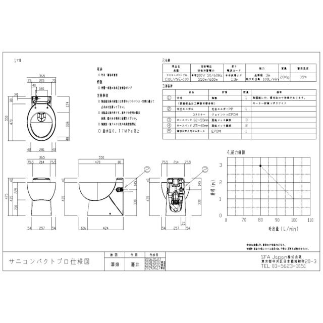 【】SFA C11LVSE-100W 径入30  吐25A    3m  100V･ : 排水圧送粉砕ﾎﾟﾝﾌﾟ一体型ﾄｲﾚ ｻﾆｺﾝﾊﾟｸﾄﾌﾟﾛ+温水洗浄便座_3